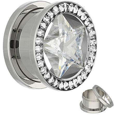 Treuheld® | KRISTALL STERN Flesh Tunnel - OHR PLUG - SILBER zum Schrauben | 10 Größen 4-20mm - transparente Steine - Gewinde schraubbar | ZIRKONIA Strass Piercing - Chirurgenstahl 316L Edelstahl