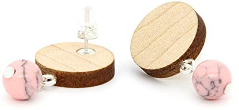 NaturSchatulle Holzschmuck Holzohrringe Naturstein-Perle rosaI 925 Sterling Silber Ohrstecker Ohrringe Holz Damen Ohrschmuck Ahorn