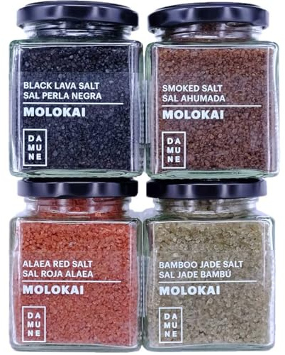 DAMUNE Sales Gourmet Molokai-Hawai: Sal Perla Negra Molokai (200g), Sal Roja-Alaea Molokai (200g), Sal Jade Bambú Hawai/Molokai – 200g, Sal Ahumada Molokai (200g)