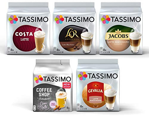 Tassimo Coffee Variety Pack - Costa Latte, L'Or Macchiato, Jacobs, Chai, Gevalia Coffee Pods - 5 Packs (40 Drinks)