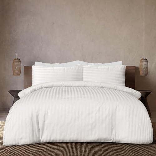 Sleepdown Soft Hotel Quality 225 Thread Count Cotton Satin Stripe Duvet Cover Set With Pillowcases in White Colour (Double)