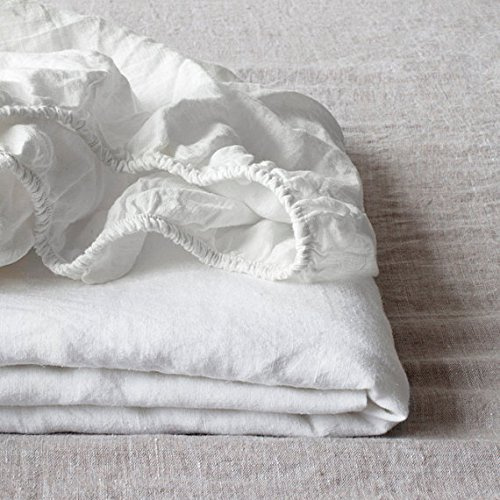 Simple&Opulence 100% Linen Fitted Sheet King(1 Piece), 14 Inch Deep Pocket Mattress Cover Natural French Flax Stone Washed Farmhouse Soft Breathable Bottom Sheets-White