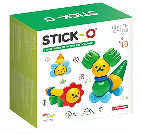 Stick-O magnetiska byggklossar för barn i åldern 1+, kreativ byggleksak, pedagogisk leksak med magnet, Forest Friends-set för flickor och pojkar, Montessori-leksaker, 16-delat set,