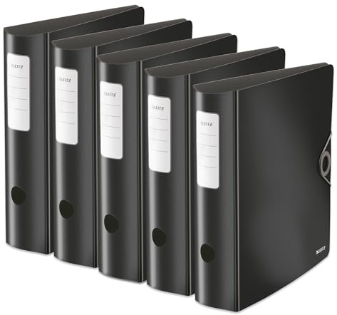 Leitz 10471095 Active Solid, 5 raccoglitori formato A4, larghi, dorso arrotondato, larghezza 8,2 cm, chiusura con elastico, in poliuretano leggero, raccoglitore in plastica, colore nero