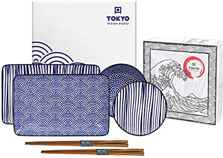 TOKYO design studio Nippon Blue Sushi-Set blau-weiß, 6-TLG., 2X Sushi-Platten 2X Saucen-Schalen, 2X Essstäbchen, asiatisches Porzellan, Japanisches Design, inkl. Geschenk-Verpackung