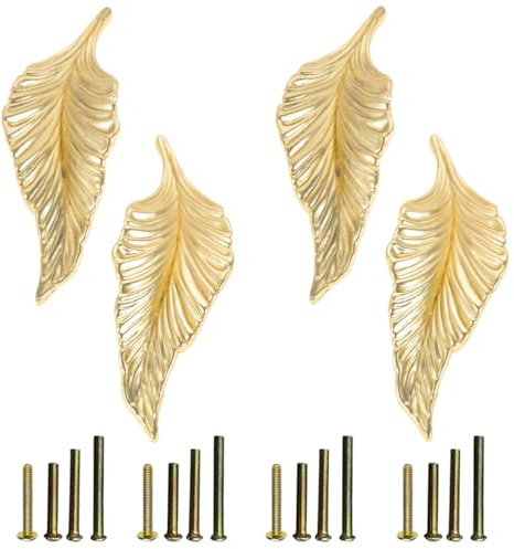 Mgoodoo 4Pcs Gold Cabinet Handle,Decorative Drawer Pull Zinc Alloy Leaf | Vintage Style Furniture Knob for Kitchen Cupboard,Bedroom Dresser&Wardrobe,Easy Install Hardware,Farmhouse