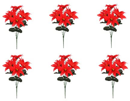 HLTER Künstlicher Weihnachtsstern, Blumenstrauß, 35,6 cm, rote Weihnachtssterne aus Seidenstoff, Weihnachtsstern, Büsche, Pflanzen für Vase, Zuhause, Tisch, Fenster, Dekoration, 6 Stück