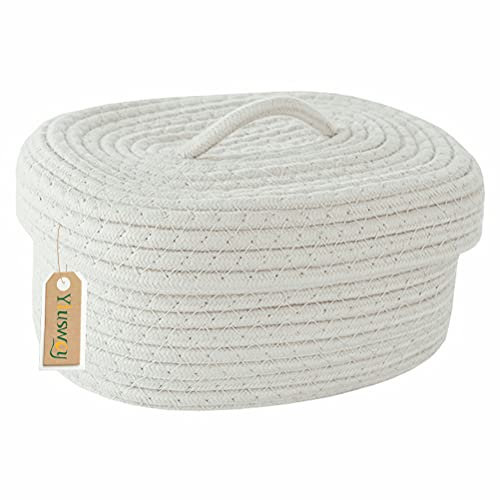 Yiuswoy Baumwollseilkorb Klein Geflochtener Aufbewahrungskorb mit Deckel Multifunktionelle Organizer Körbe für Babyzimmer Accessoires, Schminke, Schlüssel (Weiß)