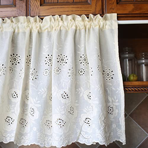 A.Monamour Tenda Corta per Finestra Piccola Stile Rustico Ricamo Floreale in Cotone Beige Tendina Tenda da Cucina a Vetro a Pannello Bistrot Caffè Mezza Mantovana Porta Armadio