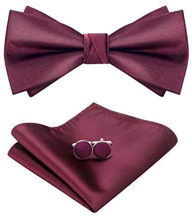 HOULIFE Fliege Set für Herren - Verstellbare vorgebundene Fliege, Satin Polyester Fliege, Einfarbig Einstecktuch, Manschettenknöpfe Set für Bräutigam Hochzeit Party Formal mit Geschenkbox, weinrot, L