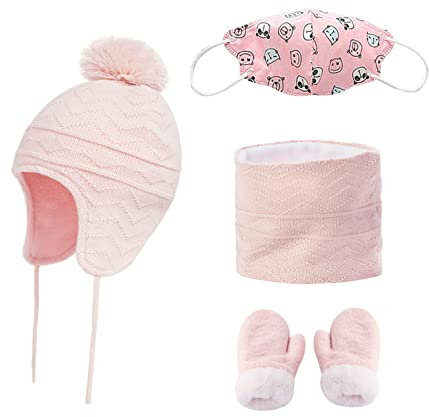 SIQITECH Wintermütze Mädchen Jungen Bommelmütze Warm Dick Strickmütze Schal Handschuhe Set mit Plüschball Mütze Kälteschutz Winddicht Ohrenklappe für 4-6 Jahre Alt Kleinkinder Outdoor