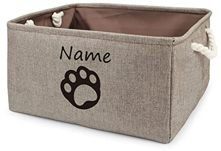 TONYFY Leinenstoff faltbar Aufbewahrungskorb mit personalisiertem Namen des Haustiers, für Hundespielzeug zum Hundespielzeug, Hundekleidung, Hunde katzen zubehör und anderem Haustierbedarf (G Braun)