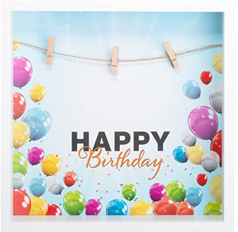 Brandsseller Geburtstags Geldgeschenk Bilderrahmen 28x28x4,5 cm Weiß - Seil mit 3 Wäscheklammern zum Geldscheine befestigen - Motiv Happy Birthday