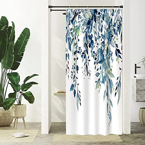 Uiiooazy Duschvorhang Schmal 90x180cm, Duschvorhang Anti Schimmel Blau Blätter Weiß Blumen Aquarell Pflanzen Duschvorhänge Stoff Waschbar Wasserdicht Polyester Bad Vorhang mit 6 Haken für Badezimmer