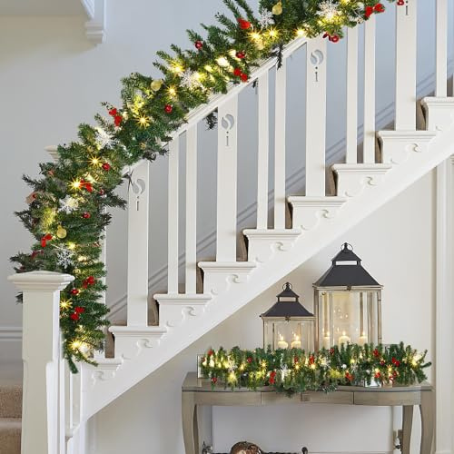 Sonnewelt 2er Weihnachtsgirlande 5M,Künstlich Tannengirlande mit Beleuchtung,Warmweiß, 8 Beleuchtungsmodi verfügbar Weihnachtsdeko für Innen und Außen Treppengeländer Weihnachtsbaum