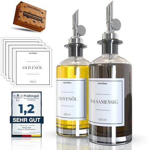 noviclass® Set di bottiglie di olio per aceto e olio (2 x 500 ml con etichette e imbuto)