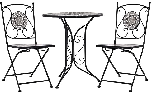 Homgoday 3-TLG. Bistro-Set Gartenmöbel Set Sitzgruppe Stühle und Tisch Essgruppe Gartengarnitur Balkonset Garnitur für Hof Garten Terrasse und Balkon Mosaik Keramik Grau