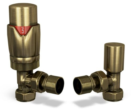 UK Radiators Thermostatic Radiator Valve (TRV) - 15mm Angled Lockshield - Old Antique Brass Colour - Energy Saving 1/2 x 15mm Brass Angled Valve
