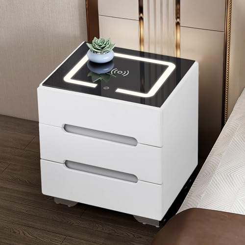 TUKAILAi Bedside Table with 3 Color LED Lights Bedside Table with Wireless Charging Station 3 Drawers Smart Nightstand Black Glass Top for Bedroom Living Room