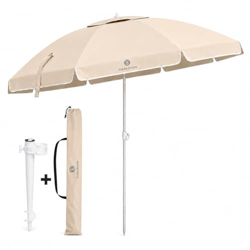 Fleau Goods Luxus-Sonnenschirm-Set 180 cm – UV-Schutz – Strand/Garten – Strand-Sonnenschirm mit Schnecke und Tragetasche – inklusive Sockel und Abdeckung – Strand-Set
