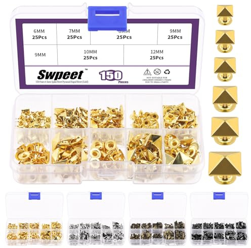 Swpeet, kit di borchie a piramide, 150 pezzi, 6 misure: 6 mm/7 mm/8 mm/9 mm/10 mm/12 mm, in oro, borchie a punta per borse, abbigliamento in pelle, scarpe, artigianato manuale, fai da te, punk