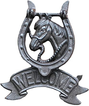 Plaque de Bienvenue Tête de cheval noire Porte de fer en fonte frappe avec des panneaux de bienvenue décor Plaques vintage métal manche en métal intérieure Plaque de bienvenue panneau bienvenue