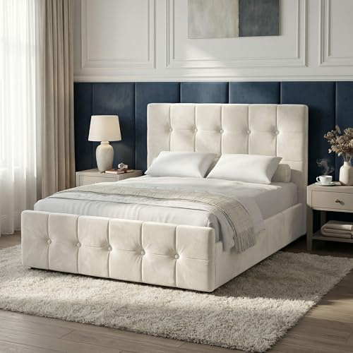Blisswood 4ft Small Double Ottoman Bed Frame, Velvet Upholstered Storage Bed, Gas Lift End Opening Bed Frame with Wooden Slats, Heavy Duty Metal Support Base, Space Saving Under Bed Storage, Beige