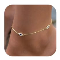 Rotnso Anklets for Women 14K Gold Plated Evil Eye Ankle Bracelets Trendy Waterproof Boho Chain Link Anklets Set Dainty Cute Diamond Beaded Non Tarnish Summer Beach Jewelry Gift