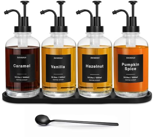 Coffee Syrup Dispenser for Coffee Bar, 16.9oz 500ml Glass Syrup Dispenser w Black Coffee Scoop, Coffee Syrup Pump Dispenser w 36 Labels and Bamboo Tray, Coffee Syrup Bottles with Black Pump, 4PCS