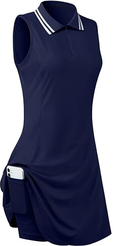FREEYE Golf Dresses for Women Tennis Dress Pickleball Outfits Polo Dress Collared Dress Active Dresses with Shorts Navy Blue XL