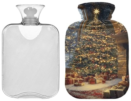 JUMBEAR Beautiful House Wärmflaschen mit Weihnachtsbaum-Motiv, mit weichem Bezug, Schmerzlinderung, Wärmbeutel, 1 l, für Hände, Füße, warme Wassersäcke, bequem schlafen