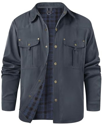 Voqeen Herrjacka Casual Långärmad Pläd Jacka Tryckknapp Västern Jacka Robust Utomhus Flanell Fodrad Lättviktig Jacka, Marinblå, XL