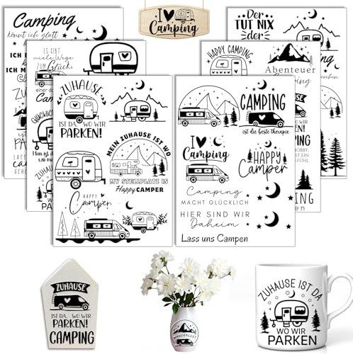 Rub On Pegatinas para camping, 6 unidades, A5, pegatinas de transferencia para raysin, muebles, vidrio, madera, álbumes de recortes, manualidades, decoración (camping)