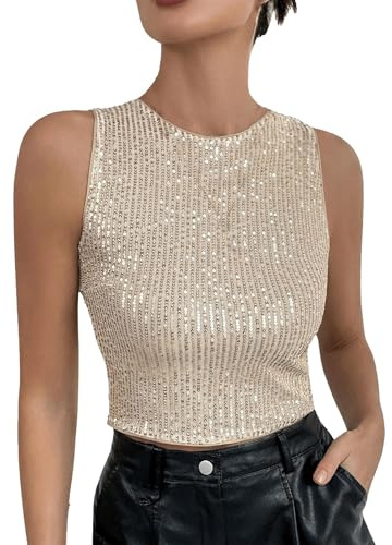 Leichtes Camisole für Damen, Tank-Top, Basic-Unterhemd, glitzernde Pailletten, bauchfreies Tank-Top, ärmelloses Ausgehen, Camisole für Damen, Seide
