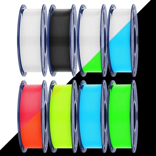 SUNLU Glow PETG Filament Bundle, Glow in the Dark 3D Drucker Filament, Hochfestes Leuchtet filament 1.75 mm, 250g pro Spule, 8 Rollen, (petg Schwarz Weiß mit 6 Spulen in Glowing Blau/Grün/Rot/Gelb)