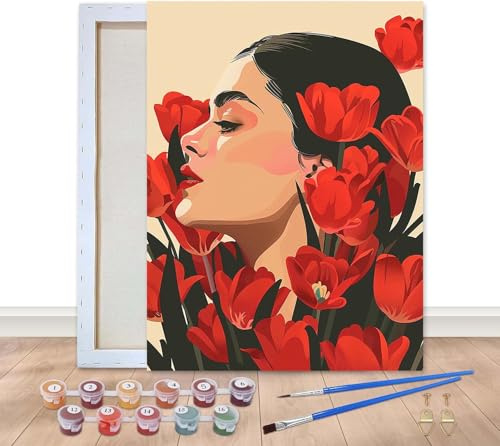 Bimkole Malen Nach Zahlen Erwachsene Gerahmt Frau, Ölgemälde paint by numbers kits Rose, Acrylfarbe Anfänger Zeichnen Malen mit Pinseln Mauer Dekor Kunst 20x30 cm