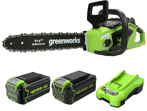 40V Akku-Kettensäge Greenworks mit bürstenlosem Motor GD40CS15, 14-Zoll Blattlänge mit 40V und schnell aufladbarer 5Ah Akku & Universal Ladegerät +Bonus 4Ah Akku
