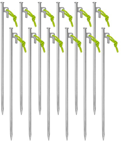 Lot de 12 piquets de tente 40 cm avec crochet en P et une corde fluorescente – Piquet stable en acier galvanisé de 9 mm de diamètre, pour sol dur, camping, auvent, tentes, pavillons