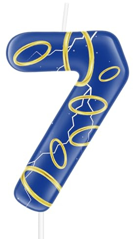Blue 7th Birthday Number Candles,Number 7 Candle Cake Topper Decorations for Blue and Golden Rings Themed Parties,Magic Rings Birthday Cake Candles for Boys Girls Party Supplies