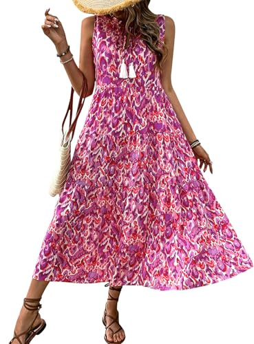 Jamron Donna Estate Boho Abito da Spiaggia Senza Maniche con Scollo a V Abito Lungo Casual Fluido con Stampa Floreale