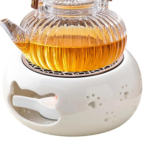 AMONENZ Stövchen für Teekanne, Keramik Teekannenwärmer | Weiße Teestövchen, Keramik mit Katzenpfoten-Hohlschnittdesign, mit Kerzenhalter, für Warmhalten von Tee, Milch, Kaffee