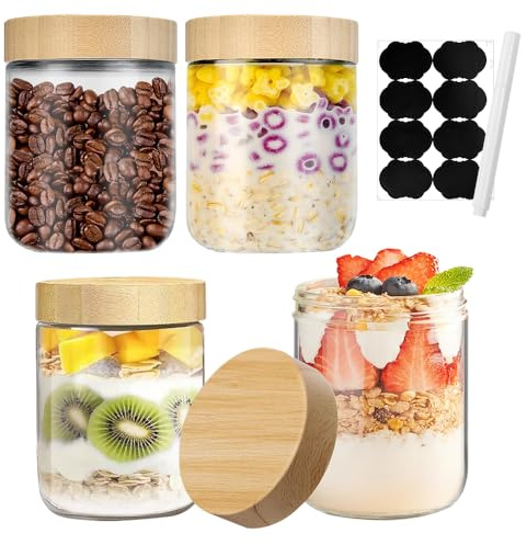 WEFHEF 4 Pcs Bocal en Verre avec Couvercle 500ml, Pot Yaourt Vide Transparent, Bocal en Verre Hermétique Anti-fuite, Bocaux Rangement Cuisine, avec Autocollant et Stylo, pour Petit-Déjeuner Épices