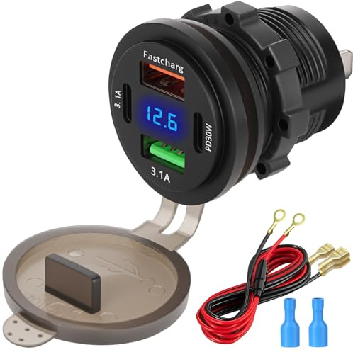 USB C PD Steckdose 12V USB Steckdose KFZ Buchse Einbau Typ C Dose | 12 Volt DC Adapter KFZ Stecker mit Voltmeter für lPhone Wohnmobil LKW Wohnwagen Motorrad Boot