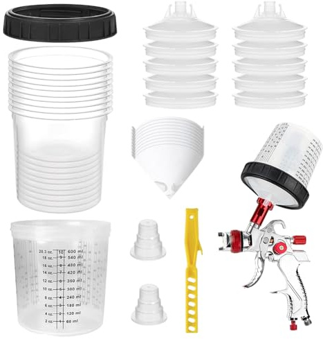 YNNHUDEEP Set da 600 ml – 10 bicchieri + coperchio, 1 tazza rigida + 2 tappi di chiusura + 10 filtri di carta, per pistole a spruzzo HVLP/LVLP (verniciatura a spruzzo)