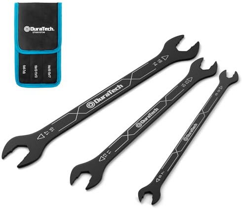 DURATECH 4-in-1 Super-Thin Open End Wrench Set, 3-Piece, 12 Sizes, Metric, Range from 6 mm to 17 mm, Ultra-Slim Wrench Set for Tight Spaces and Thin Nuts, Rolling Pouch Included