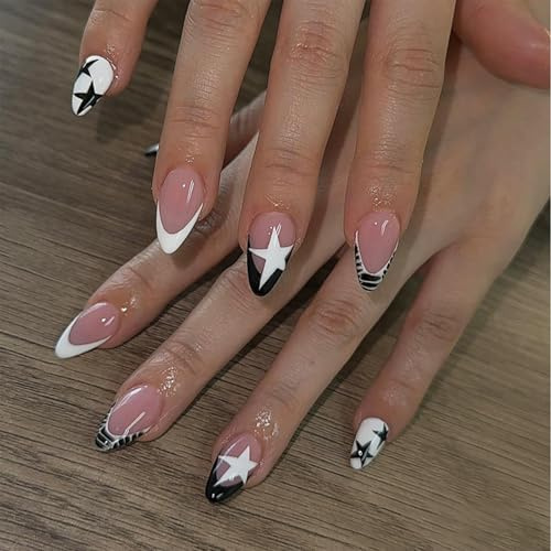 Nymora 30 Stück Funkelnde Schwarze Sternen Mandel Press-on Nägel Set, Jelly Gel Wearable Kit, Weihnachtsmotiv - Fake Nägel Retro Stil