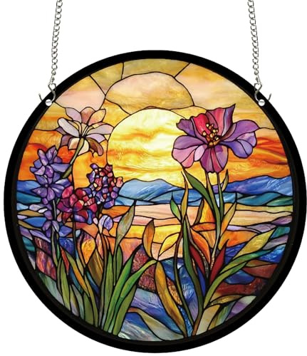 CREATCABIN Sonnenfänger Für Fenster Blumenmotiv Acryl Buntglas Aufhängen Am Fenster Runde Wildblumen Sonnenfängerplatten Mit Metallkette Für Drinnen Heim Garten Ornamente Weihnachtsdekoration 25x25cm