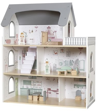 Casa de muñecas de madera gris – Gran villa de 3 pisos con accesorios de 14 piezas | Casa de muñecas moderna de madera con muebles y figuras | Villa de muñecas a partir de 3 años
