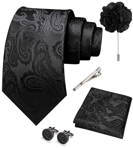 RBOCOTT Black Paisley Tie Necktie and Pocket square Cufflinks Lapel Pin Tie Clip Sets for Men 4PCS(3)