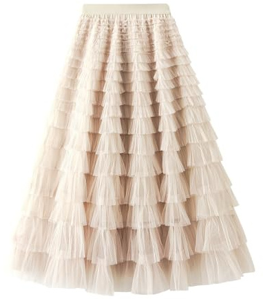 Gonna a pieghe da donna in chiffon con volant Gonna lunga a vita alta, beige., L